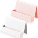 2 Pieces Business Card Holder for Desk Modern Plastic Name Card Case Display Stand Tabletop Business Card Rack for Women and Men (White, Pink)