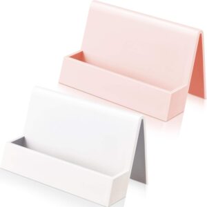 2 Pieces Business Card Holder for Desk Modern Plastic Name Card Case Display Stand Tabletop Business Card Rack for Women and Men (White, Pink)