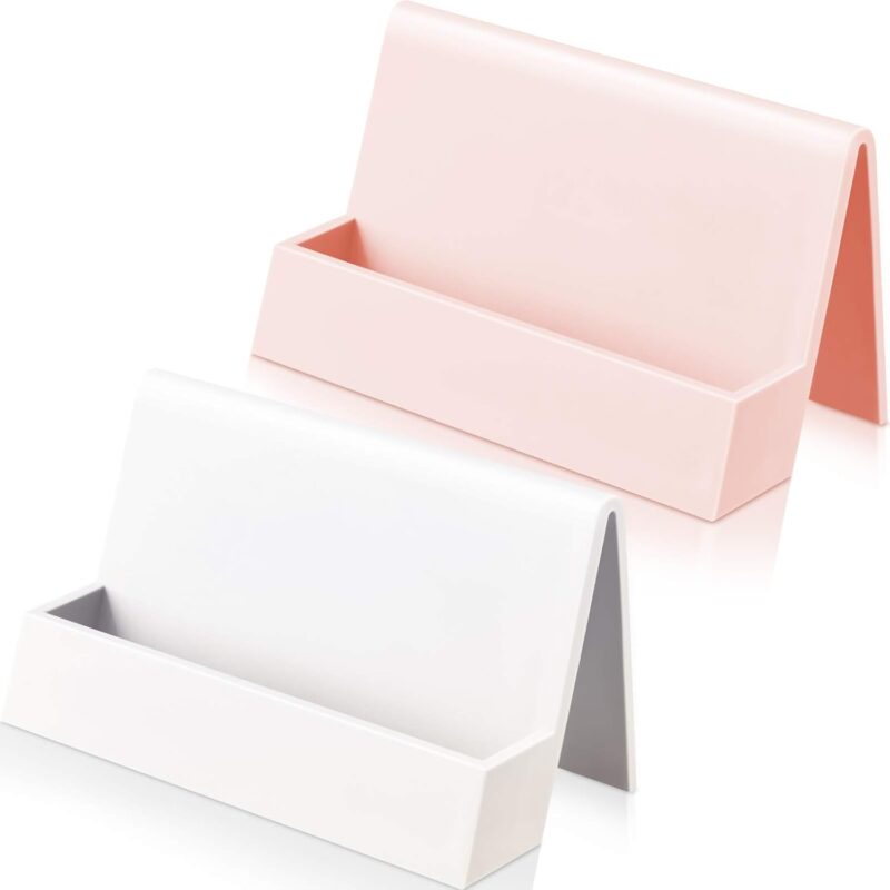 2 Pieces Business Card Holder for Desk Modern Plastic Name Card Case Display Stand Tabletop Business Card Rack for Women and Men (White, Pink)