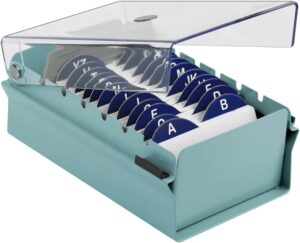 Index Business Card Size File Holder Organizer Box Metal Base Heavy Duty (AZ Index Cards and Divider Included) (Green Color with Clear Crystal Plastic Lid Cover)