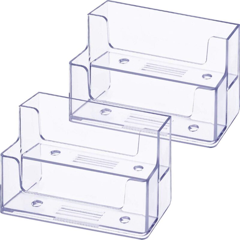 2 Pieces Clear Business Card Holder 2 Tiers Plastic Card Stand Organizer Card Holder Display for Home Office, 120 Cards Capacity