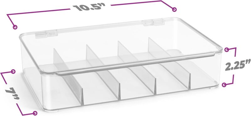 Clear Cable Organizer Storage Box – Durable Plastic Wire Management Solution with Hinged Lid & 5 Fixed Dividers for Home & Office and Sorting Jewelry, Small Toys, Building Blocks, Markers - Image 2