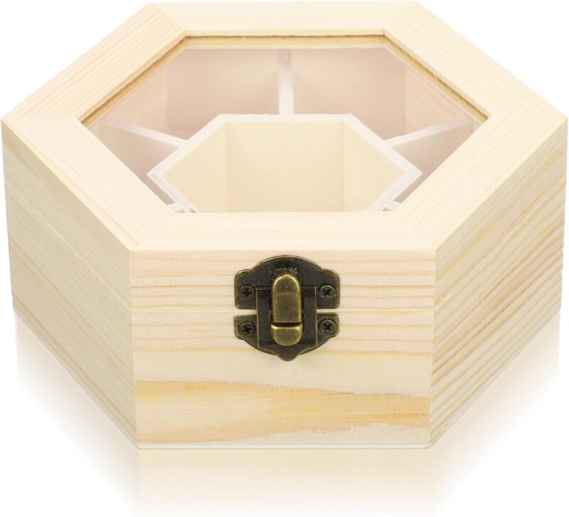 Wood Jewellery Box with Hinged Lid Window  Hexagon Jewelry Display Case Desktop Compartment Sundries Organizer Unfinished Holder Box Table Organizer - Image 2