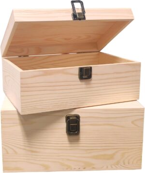 Wooden Storage Box Set with Latch, 2-Pack Natural Unfinished Boxes, Craft and Jewelry Organizer with Compartments