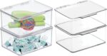 Small Plastic Home Office Storage Organizer Box Containers w/Hinged Lid for Desktops - Holds Pens, Pencils, Sticky Notes, Highlighters, Staples, Supplies -  Collection, 4 Pack - Clear