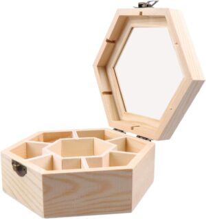 Wood Jewellery Box with Hinged Lid Window  Hexagon Jewelry Display Case Desktop Compartment Sundries Organizer Unfinished Holder Box Table Organizer