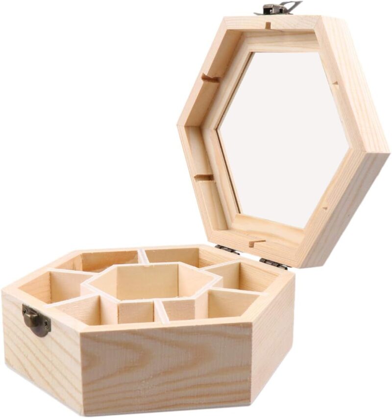 Wood Jewellery Box with Hinged Lid Window  Hexagon Jewelry Display Case Desktop Compartment Sundries Organizer Unfinished Holder Box Table Organizer