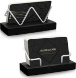 2 Pieces Wood Business Card Holder for Desk Wooden Business Card Display Stand Postcard Holder for Office Home Desktop (Black, Silver)