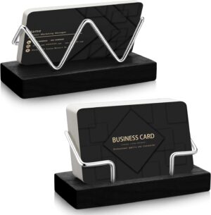 2 Pieces Wood Business Card Holder for Desk Wooden Business Card Display Stand Postcard Holder for Office Home Desktop (Black, Silver)