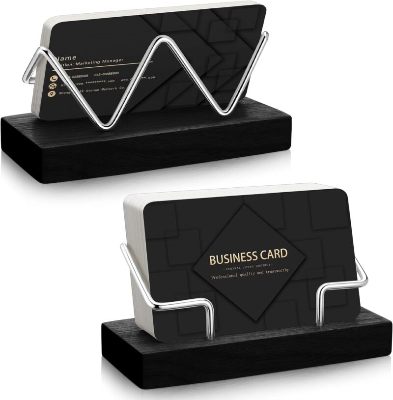 2 Pieces Wood Business Card Holder for Desk Wooden Business Card Display Stand Postcard Holder for Office Home Desktop (Black, Silver)