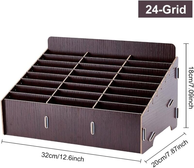 24 Grid Storage Box for Mobile Phone Management Made of Wood, Black Mobile Phone Storage Box, Desk Organiser for Office and School Supplies, Walnut Colour - Image 2
