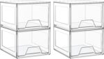 4 Pack Stackable Makeup Organizer,4.4'' Tall Acrylic Bathroom Organizer and Storage Drawers, Clear Plastic Drawer Storage Bins For Vanity, Undersink, Cabinets, Pantry