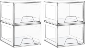 4 Pack Stackable Makeup Organizer,4.4'' Tall Acrylic Bathroom Organizer and Storage Drawers, Clear Plastic Drawer Storage Bins For Vanity, Undersink, Cabinets, Pantry