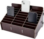 24 Grid Storage Box for Mobile Phone Management Made of Wood, Black Mobile Phone Storage Box, Desk Organiser for Office and School Supplies, Walnut Colour