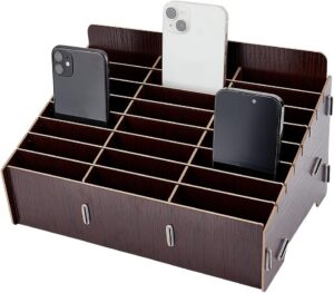 24 Grid Storage Box for Mobile Phone Management Made of Wood, Black Mobile Phone Storage Box, Desk Organiser for Office and School Supplies, Walnut Colour