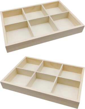6 Grids Wooden Jewelry Tray 2.8 Inch Compartment Showcase Display Case Handicraft Storage Box Art Tool Box Drawer Organizer 2Pcs