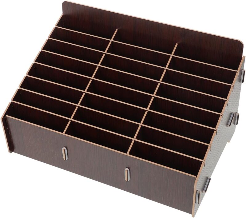 Wooden Mobile Phone Desktop Organiser, 24 Compartments Storage Boxes, Dark Brown, Multifunctional Mobile Phone and Document Storage, Ideal for Home and Office