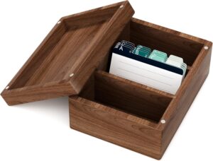 Business Card Holder for Desk, 2.2" x 3.5" Walnut Wood Business Card Organizer, Index Cards Box Holds 300 Cards, 3 Divider Boards Includes A-Z Tabs, Desktop Organizers for Office& Home