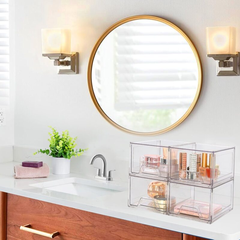 4 Pack Stackable Makeup Organizer,4.4'' Tall Acrylic Bathroom Organizer and Storage Drawers, Clear Plastic Drawer Storage Bins For Vanity, Undersink, Cabinets, Pantry - Image 2