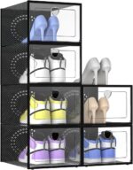 Extra Large Shoe Storage Boxes, Clear Plastic Shoe Organizers Fit Size 14.6, Stackable Space Saving Shoe Rack Sneaker Containers Bins for Closet under Bed Entryway，6 Pack, Black