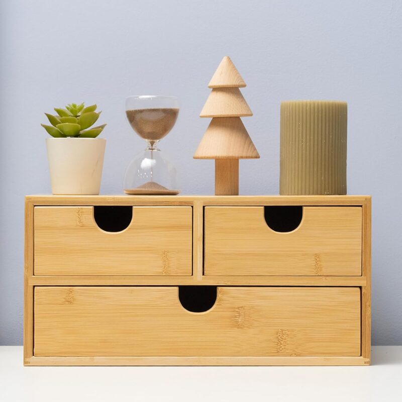 Desk Organizer with Drawers: Bamboo Desktop Storage Drawer Container - Tabletop Storage Organization Box for Office Home Toiletries Supplies