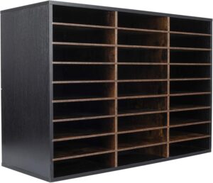 Wood Adjustable Literature Organizer Desktop File Sorter Mail Center Paper Storage Cabinet Home & Office Mailbox School Classroom Keepers, 27 Slots Compartments, Black/Archaize