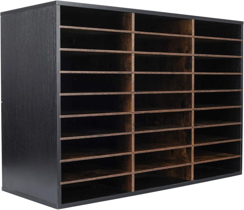 Wood Adjustable Literature Organizer Desktop File Sorter Mail Center Paper Storage Cabinet Home & Office Mailbox School Classroom Keepers, 27 Slots Compartments, Black/Archaize