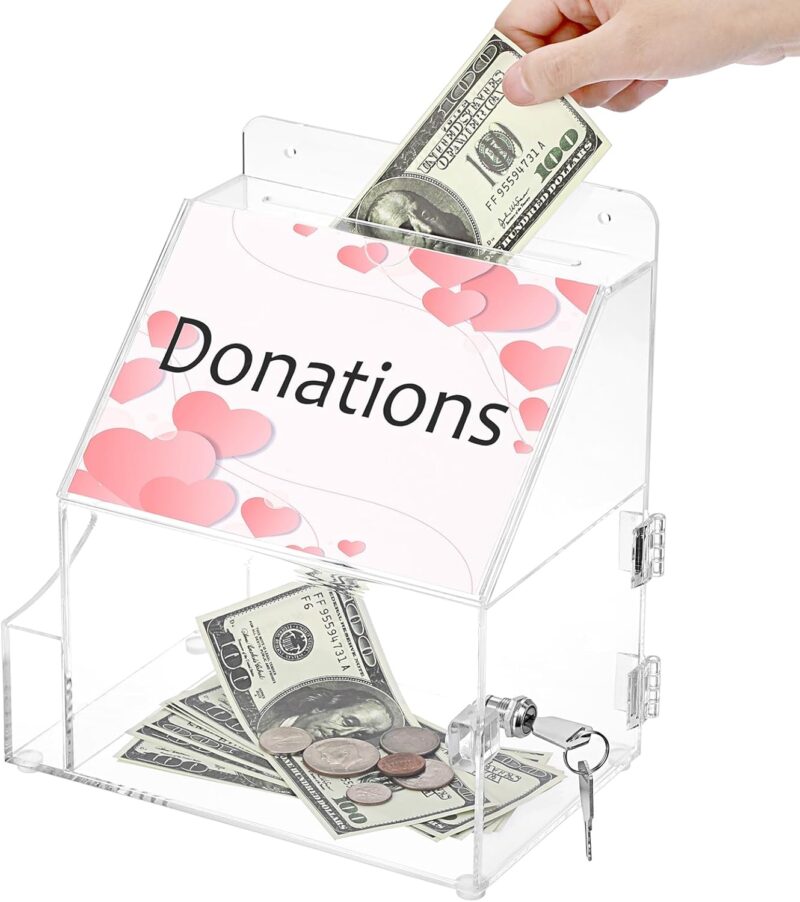 Acrylic Suggestion Box With Lock Wall Mounted Acrylic Donation Box with 5"x7" Sign Slot, Office Ballot Boxes with Side-Pocket Collection Boxes for Voting Locking Suggestion Mailbox ,Clear - Image 2