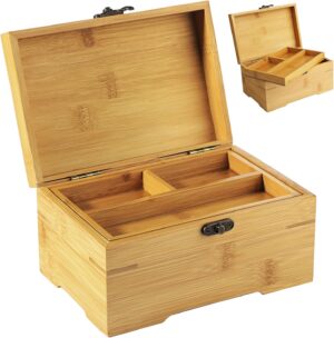 Large Wooden Box with Hinged Lid, Bamboo Wood Multi-purpose Storage Box with Tray 2 Compartments, Natural Wood Organizer for Photos, Jewelry Home Office Decor, 7 x 5 x 4 in (Large)