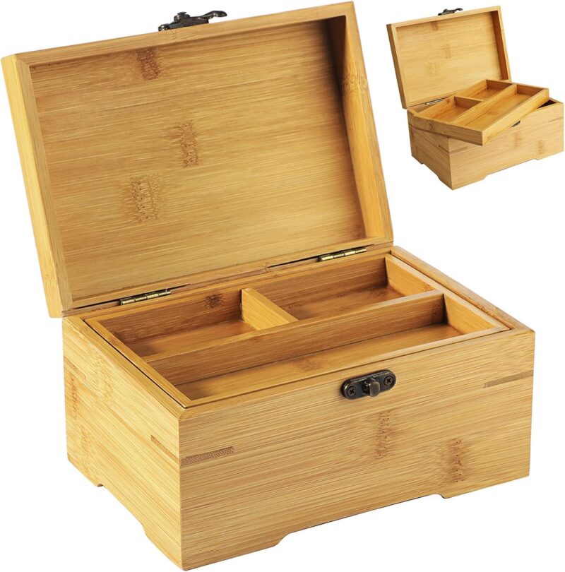 Large Wooden Box with Hinged Lid, Bamboo Wood Multi-purpose Storage Box with Tray 2 Compartments, Natural Wood Organizer for Photos, Jewelry Home Office Decor, 7 x 5 x 4 in (Large)