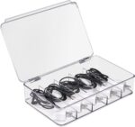Clear Cable Organizer Storage Box – Durable Plastic Wire Management Solution with Hinged Lid & 5 Fixed Dividers for Home & Office and Sorting Jewelry, Small Toys, Building Blocks, Markers