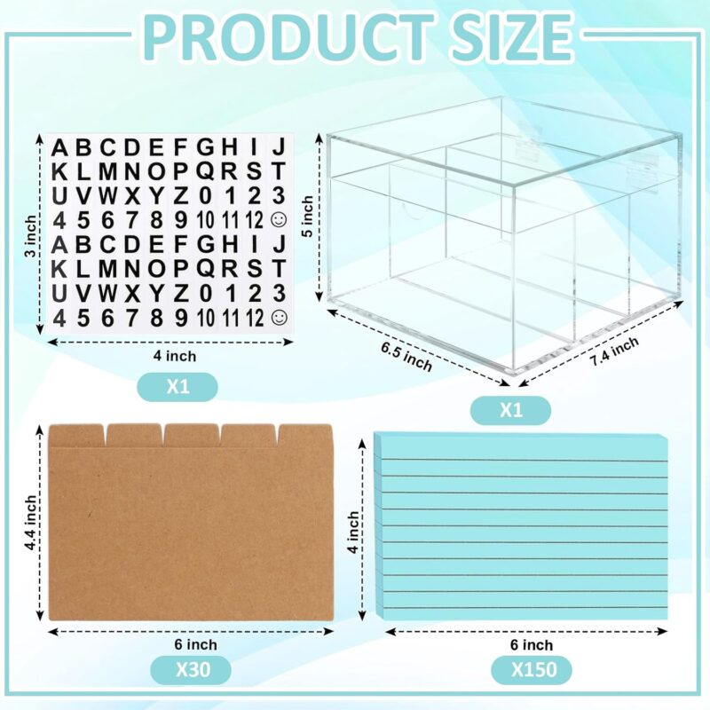 4x6 Index Card Holder Acrylic Index Card Organizer Clear Index Card Box Flash Card Holder with 5 Index Card Dividers Recipe Cards Holder Notecard Storage Box 150 Ruled Cards Stickers For Office Desk - Image 2