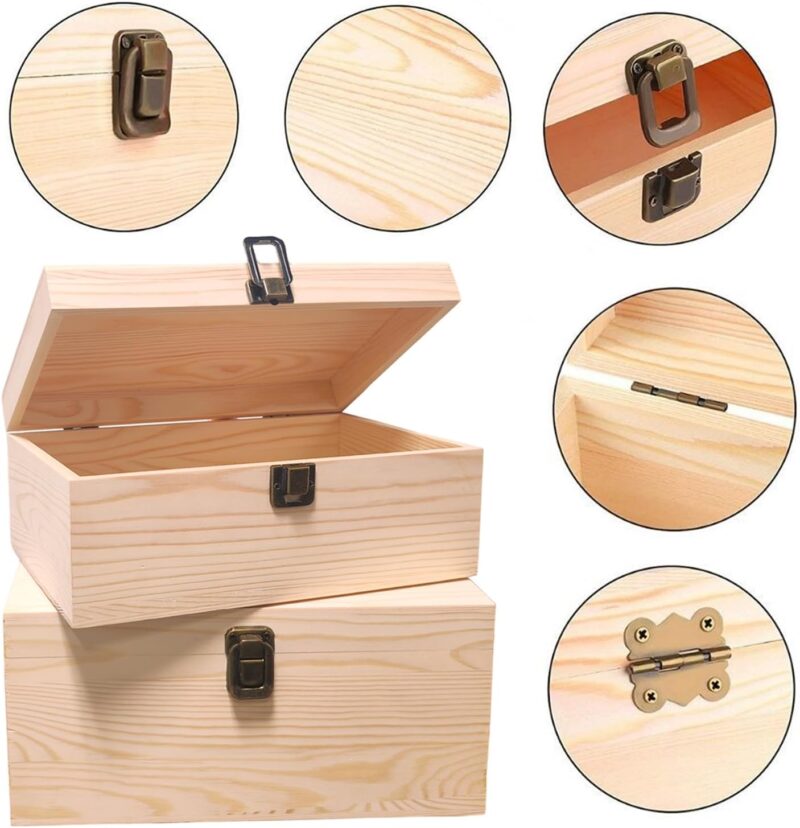 Wooden Storage Box Set with Latch, 2-Pack Natural Unfinished Boxes, Craft and Jewelry Organizer with Compartments - Image 2