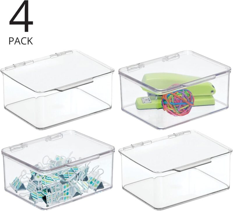 Small Plastic Home Office Storage Organizer Box Containers w/Hinged Lid for Desktops - Holds Pens, Pencils, Sticky Notes, Highlighters, Staples, Supplies -  Collection, 4 Pack - Clear - Image 2
