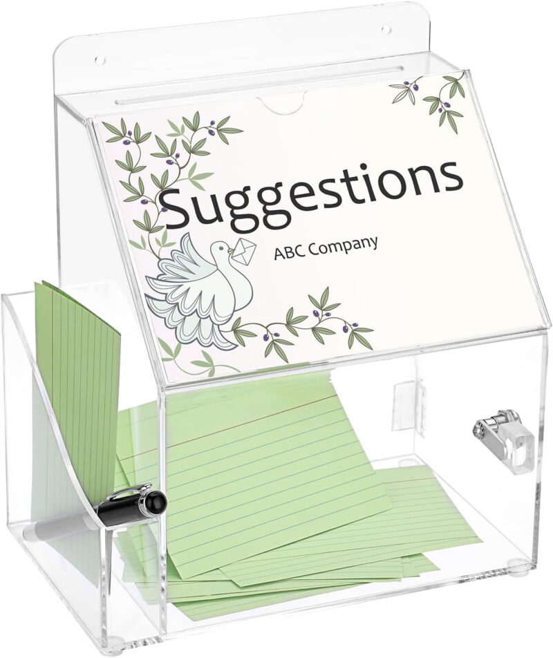 Acrylic Suggestion Box With Lock Wall Mounted Acrylic Donation Box with 5"x7" Sign Slot, Office Ballot Boxes with Side-Pocket Collection Boxes for Voting Locking Suggestion Mailbox ,Clear