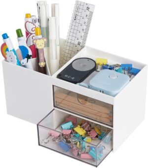 Office Desk Organizer with drawer, Office Supplies and Desk Accessories, Business Card/Pen/Pencil/Mobile Phone/Stationery Holder Storage Box (White)