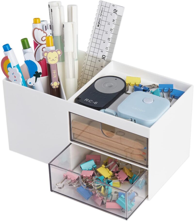 Office Desk Organizer with drawer, Office Supplies and Desk Accessories, Business Card/Pen/Pencil/Mobile Phone/Stationery Holder Storage Box (White)