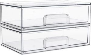 12.1''W Clear Stackable Storage Drawers,2 Pack Acrylic Plastic Organizers Bins for Makeup Palettes, Cosmetics, and Beauty Supplies,Ideal for Vanity, Bathroom,Cabinet,Desk Organization