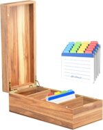 Acacia Wood Business Card Holder with Lid – 2x3.5” Index Card Organizer with 5 Compartments, Holds 600 Cards, Magnetic Closure, 20 Blank Tabs – Rustic Desktop Filing Box for Office & Home