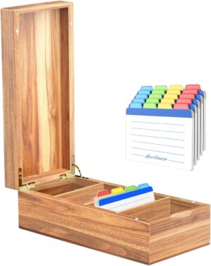 Acacia Wood Business Card Holder with Lid – 2x3.5” Index Card Organizer with 5 Compartments, Holds 600 Cards, Magnetic Closure, 20 Blank Tabs – Rustic Desktop Filing Box for Office & Home