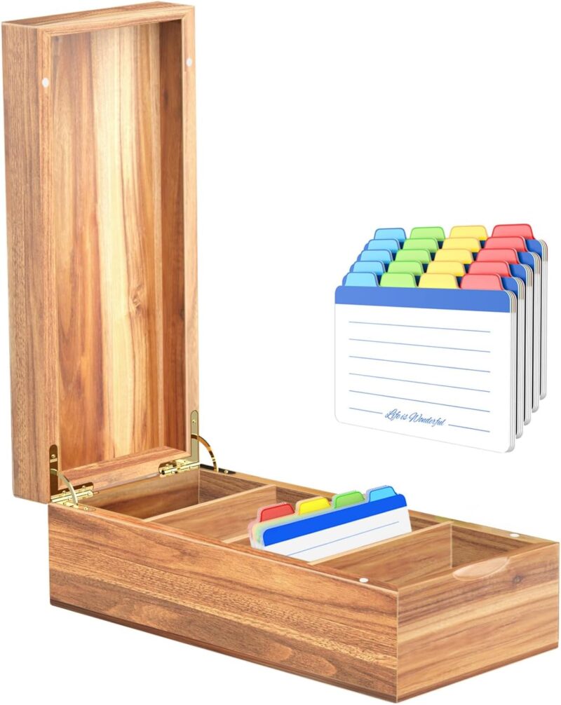 Acacia Wood Business Card Holder with Lid – 2x3.5” Index Card Organizer with 5 Compartments, Holds 600 Cards, Magnetic Closure, 20 Blank Tabs – Rustic Desktop Filing Box for Office & Home