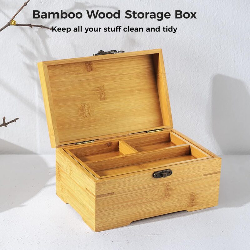 Large Wooden Box with Hinged Lid, Bamboo Wood Multi-purpose Storage Box with Tray 2 Compartments, Natural Wood Organizer for Photos, Jewelry Home Office Decor, 7 x 5 x 4 in (Large) - Image 2