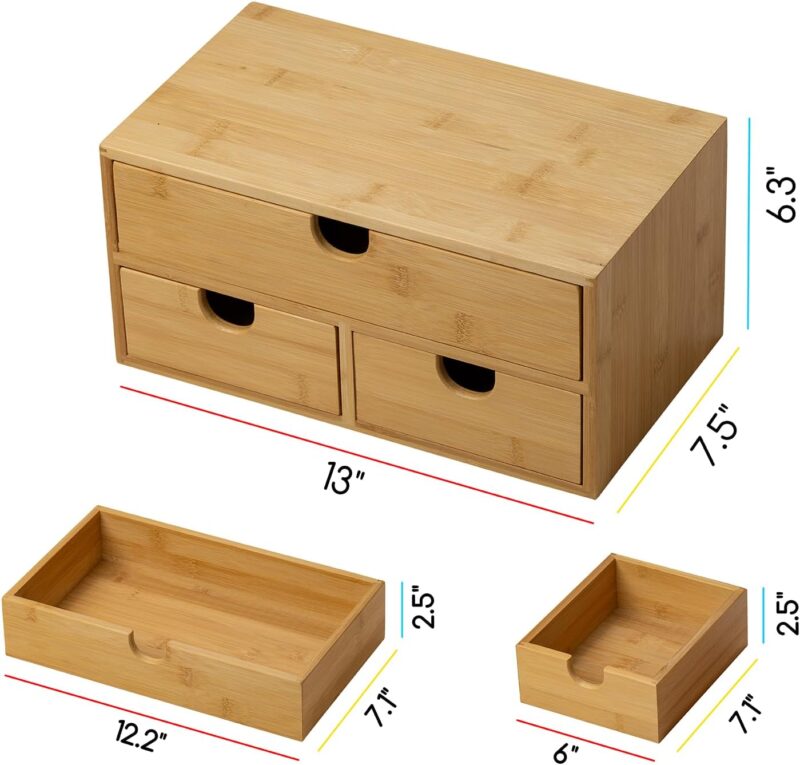 Desk Organizer with Drawers: Bamboo Desktop Storage Drawer Container - Tabletop Storage Organization Box for Office Home Toiletries Supplies - Image 2