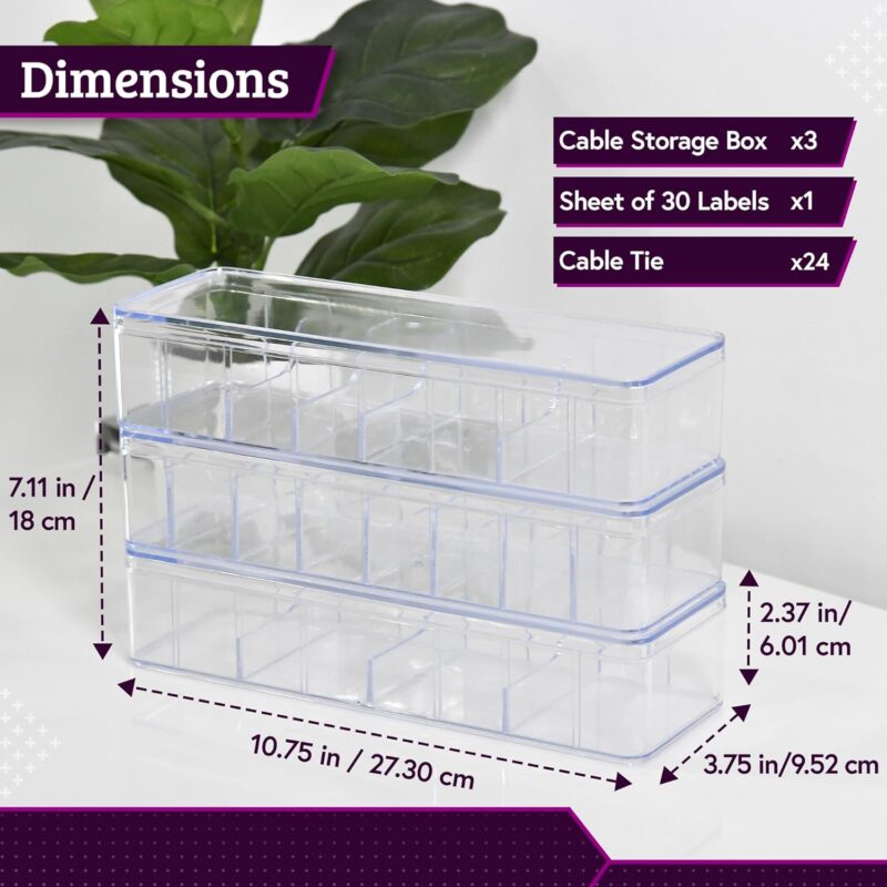 Set of 3 Cable Organizer Boxes with Labels - Charger Box Organizer, Stackable with Lids - Cord Storage for Desk & Drawer - Case - Image 2
