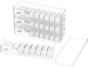 4 Pcs Cable Organizer Box,Plastic Cord Charger Storage Organizer Box with Lid Stackable Electronics Organizer for Desk Data Cable Management Box
