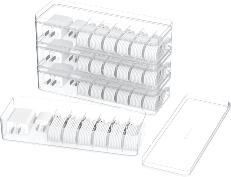 4 Pcs Cable Organizer Box,Plastic Cord Charger Storage Organizer Box with Lid Stackable Electronics Organizer for Desk Data Cable Management Box