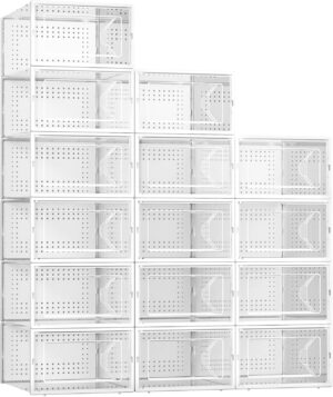 15 Pack Shoe Storage Boxes, Large Clear Plastic Stackable Shoe Organizer for Closet, Connect Left and Right Shoe Boxes Case Container Bin for Entryway, Drop Front, Fit for Size 10(White)