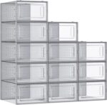 Shoe Boxes, Pack of 12 Shoe Storage Organizers, Stackable Clear Plastic Boxes for Closet, Sneakers, 9.1 x 13.1 x 5.6 Inches, Fit up to US Size 11, Transparent and Gray ULSP006G12