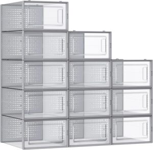 Shoe Boxes, Pack of 12 Shoe Storage Organizers, Stackable Clear Plastic Boxes for Closet, Sneakers, 9.1 x 13.1 x 5.6 Inches, Fit up to US Size 11, Transparent and Gray ULSP006G12