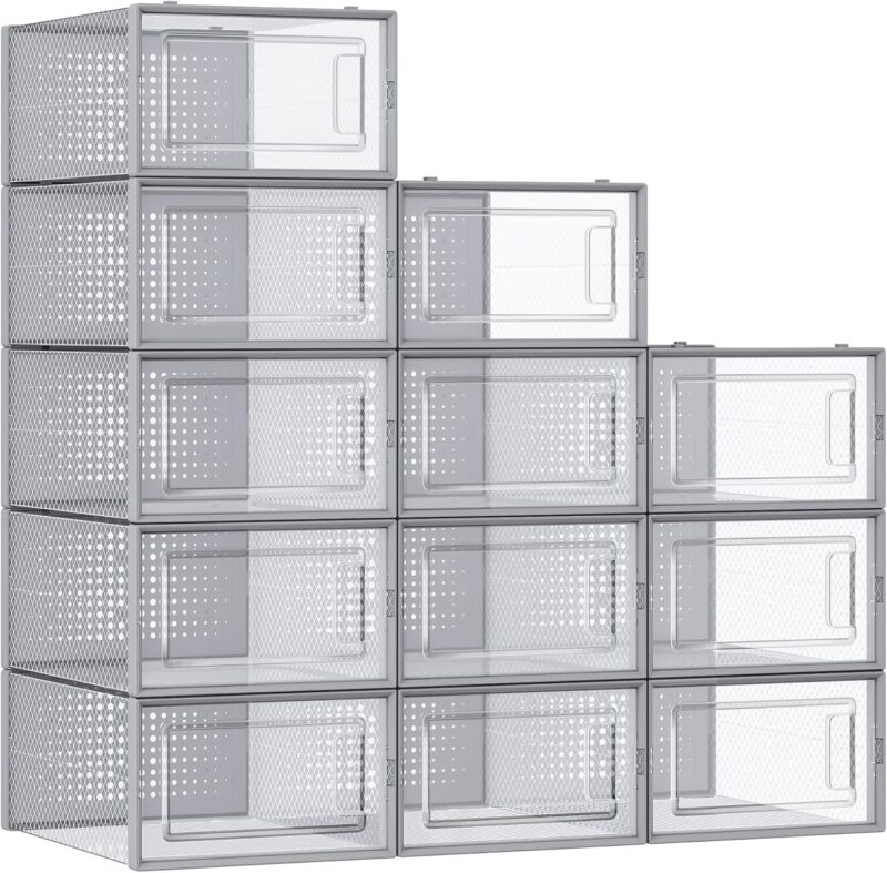 Shoe Boxes, Pack of 12 Shoe Storage Organizers, Stackable Clear Plastic Boxes for Closet, Sneakers, 9.1 x 13.1 x 5.6 Inches, Fit up to US Size 11, Transparent and Gray ULSP006G12